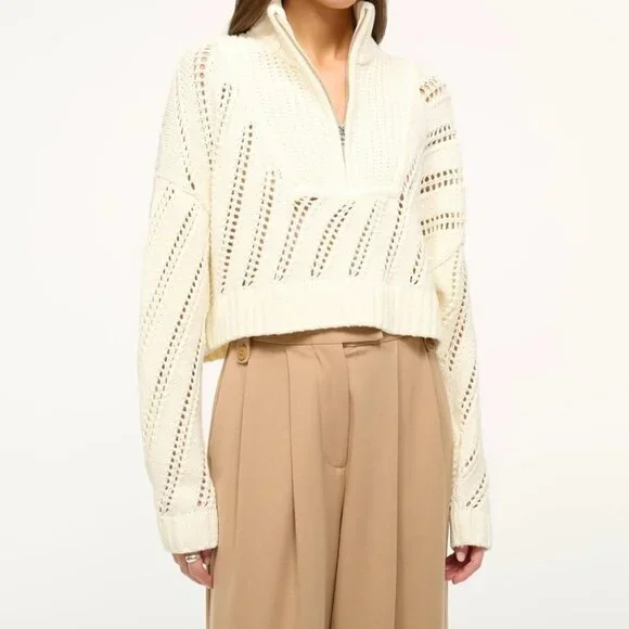 Staud Ivory Hampton Half Zip Cropped Sweater NWT XL Cotton Knit - Picture 3 of 10